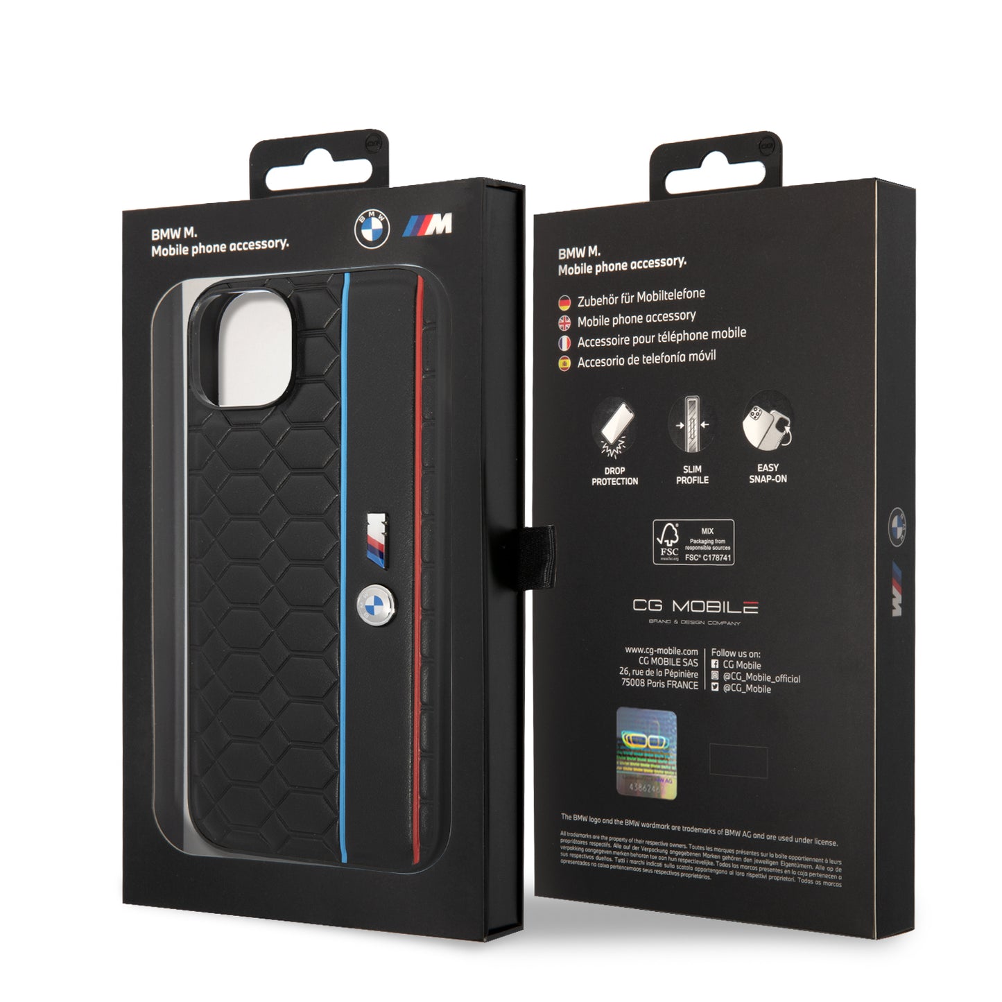 Case BMW con Patrón Texturizado y Línea para iPhone 14 Plus - Negra | Estilo y Protección Premium