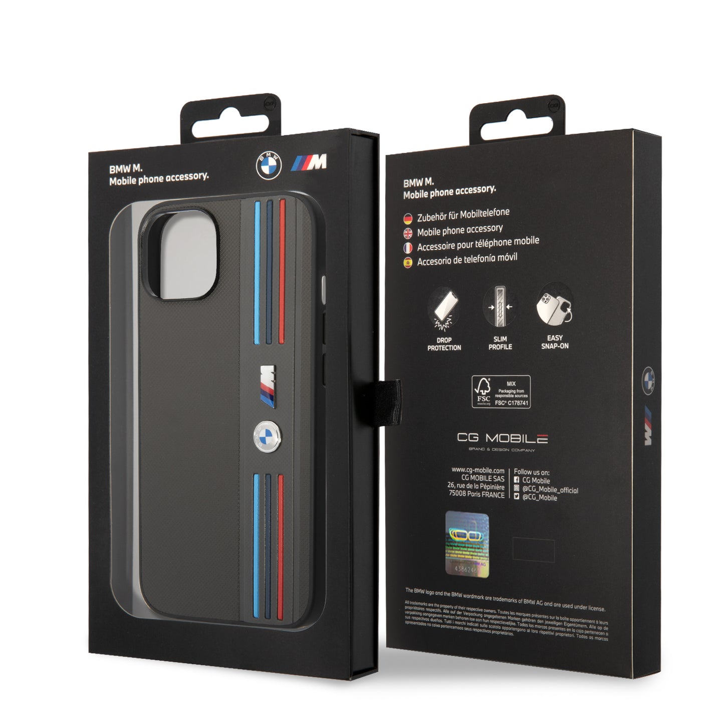 Funda BMW M Sport de Piel PU con Líneas Tricolor para iPhone 14 Plus - Gris | Case Original