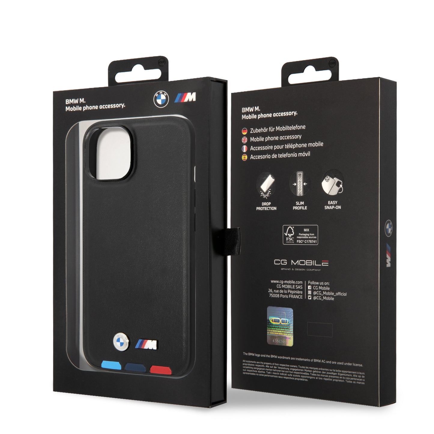Funda BMW de Piel PU con Logo Metálico para iPhone 14 Plus - Negro | Case Original de Lujo