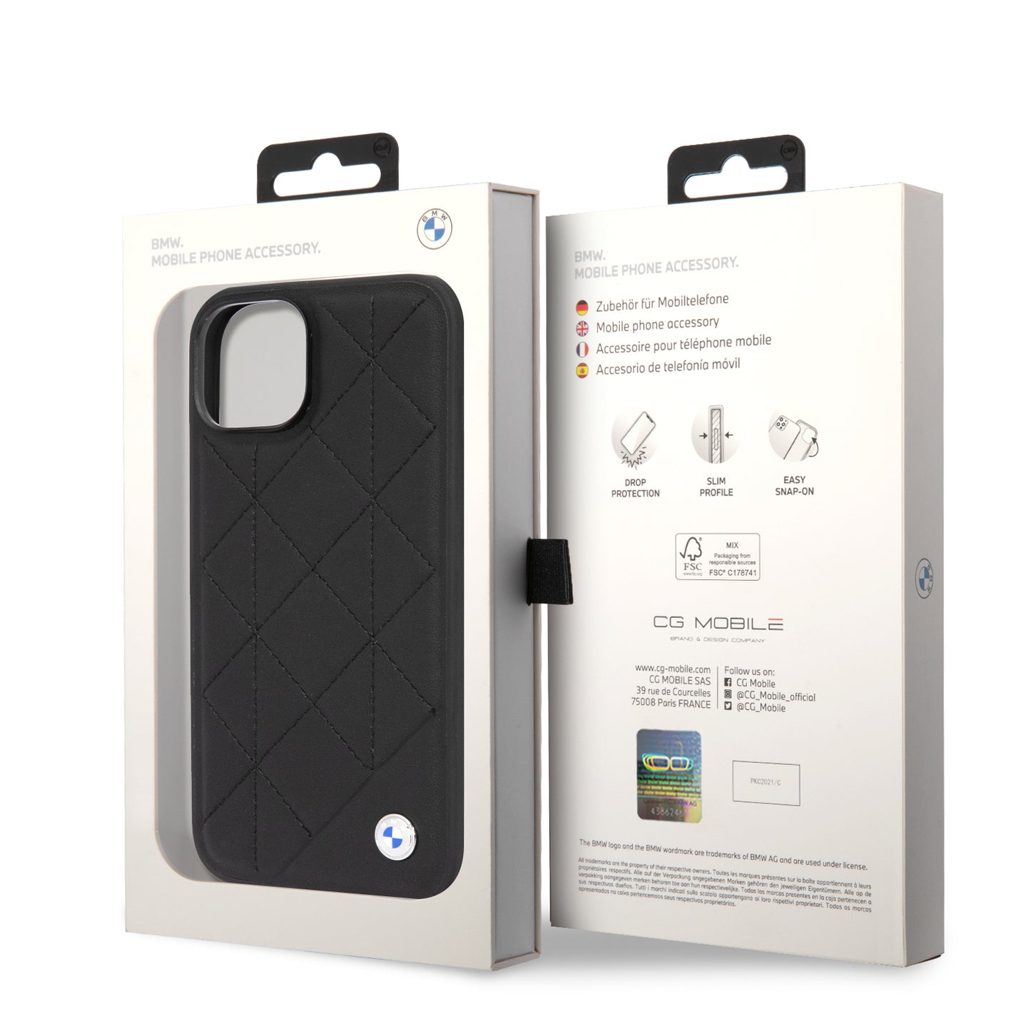 Funda BMW de Piel con Diseño de Rombos y Logo Metálico para iPhone 14 Plus - Negro | Case Original