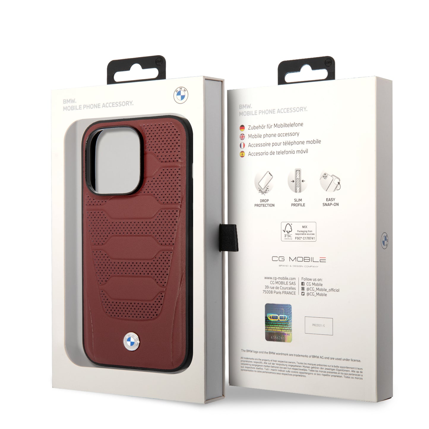 Case BMW de Piel Grabada para iPhone 14 Pro Max - Roja | Estilo Deportivo y Protección de Lujo