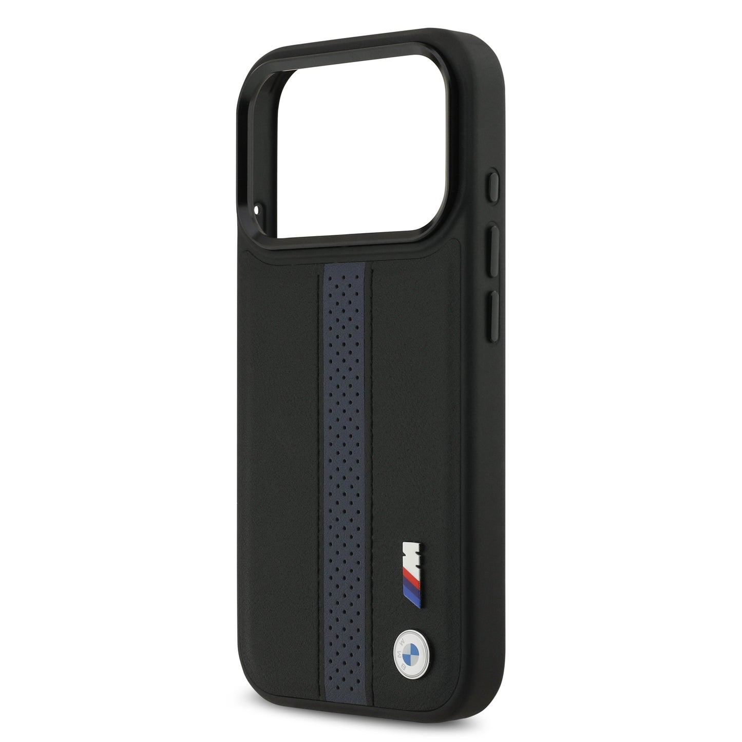 Funda BMW M Series MagSafe de Piel Perforada Azul con Franja Deportiva para iPhone 17 Pro | Case Original de Lujo