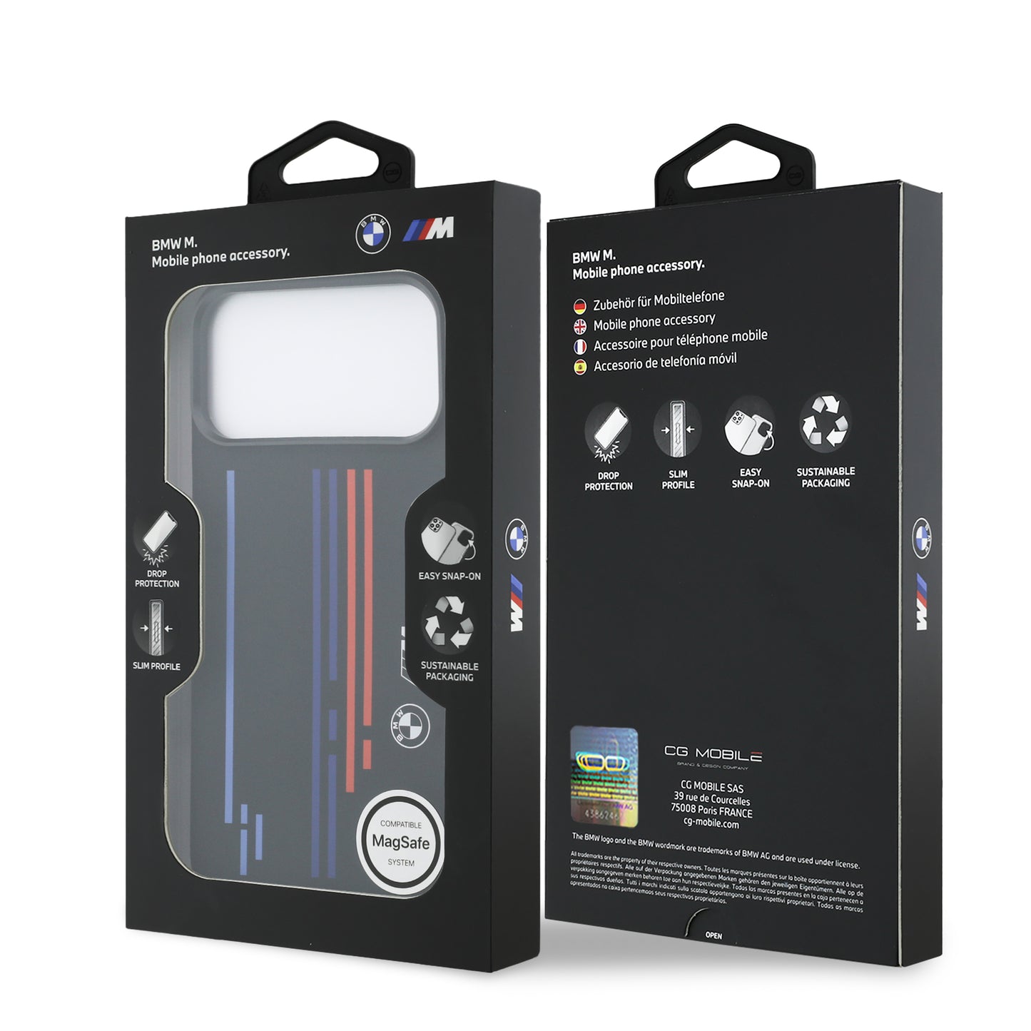 Funda BMW M Series MagSafe de Silicona Negra con Líneas y Logo para iPhone 17 Pro Max | Case Original de Lujo