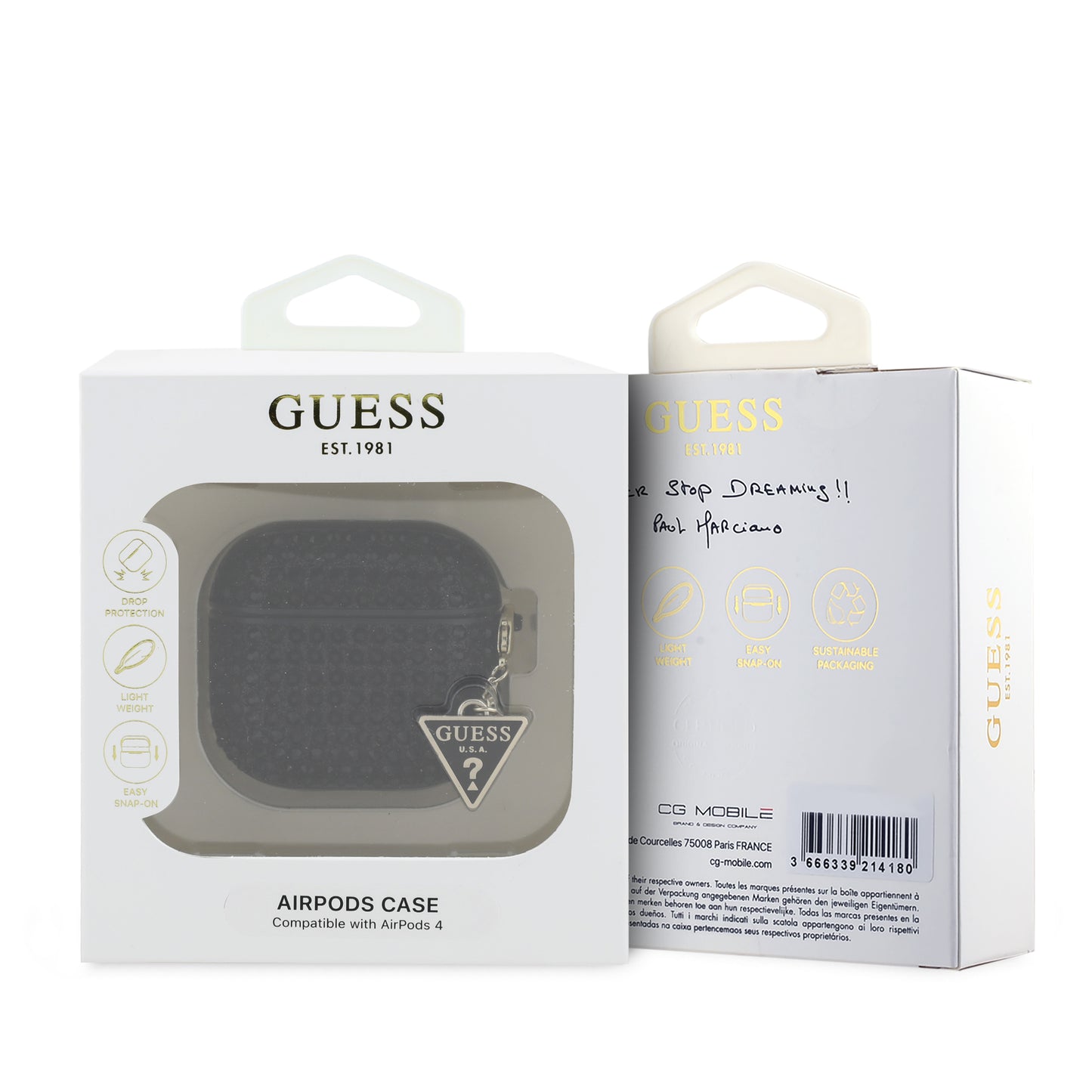 Case Guess AirPods 4 Negro con Diamantes y Dije Triángulo – Estilo y Protección