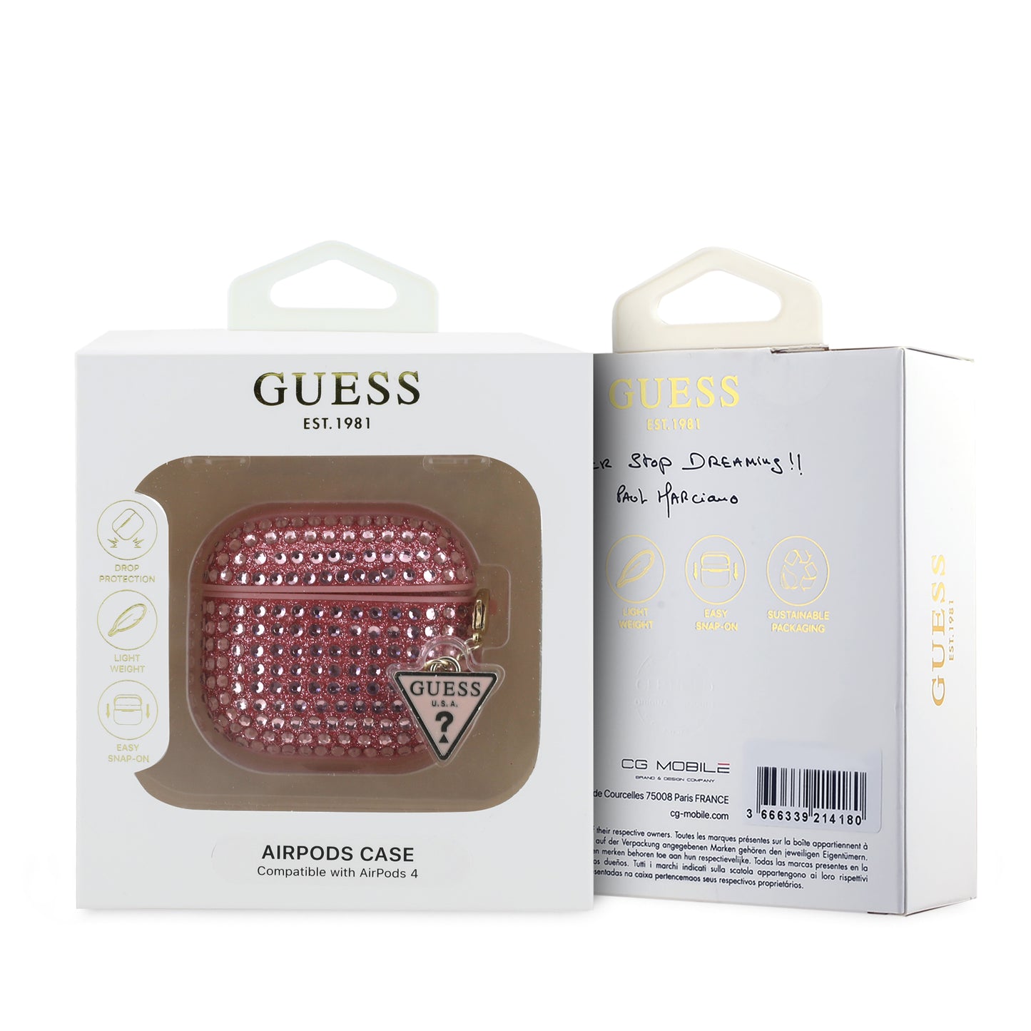 Case Guess Rosa para AirPods 4 con Diamantes y Dije Triángulo – Elegancia y Protección