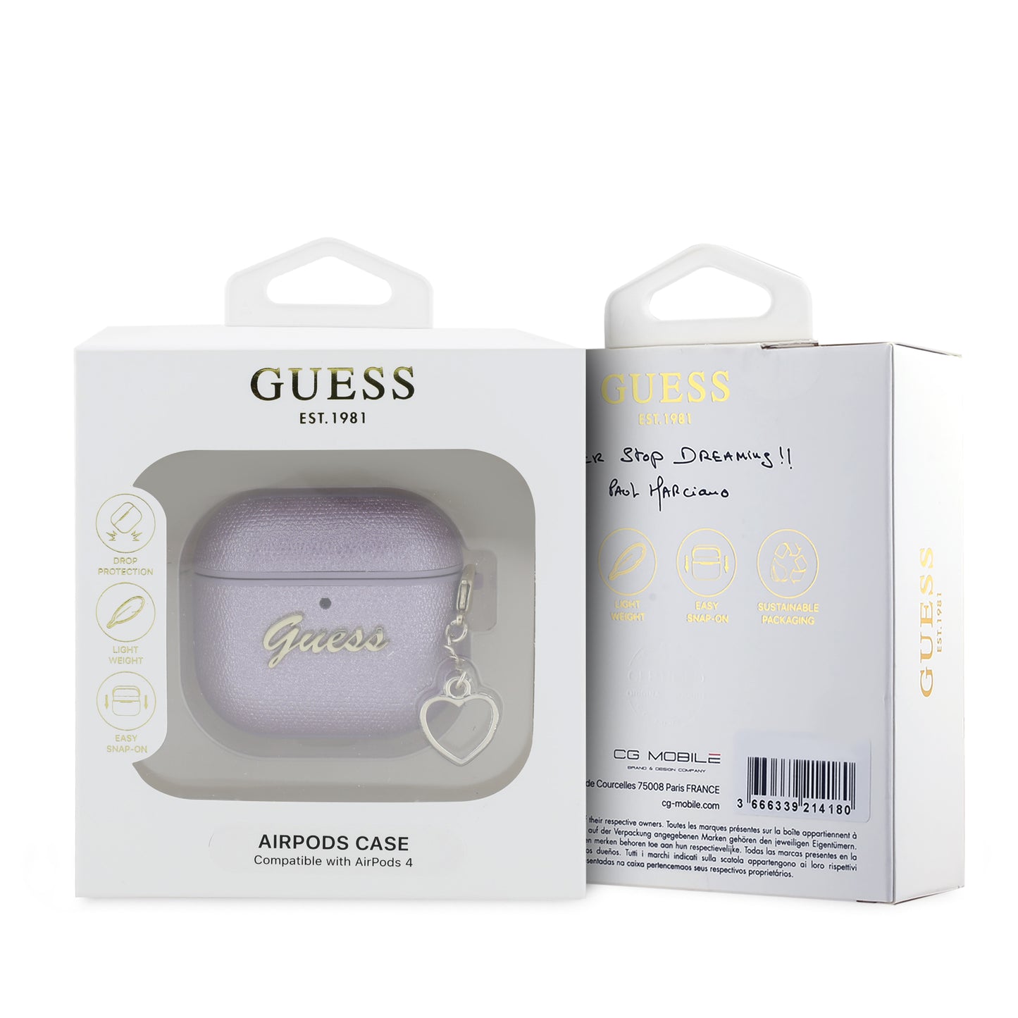 Case Guess Lila AirPods 4 con Logo Metálico – Elegancia y Protección en un Solo Accesorio