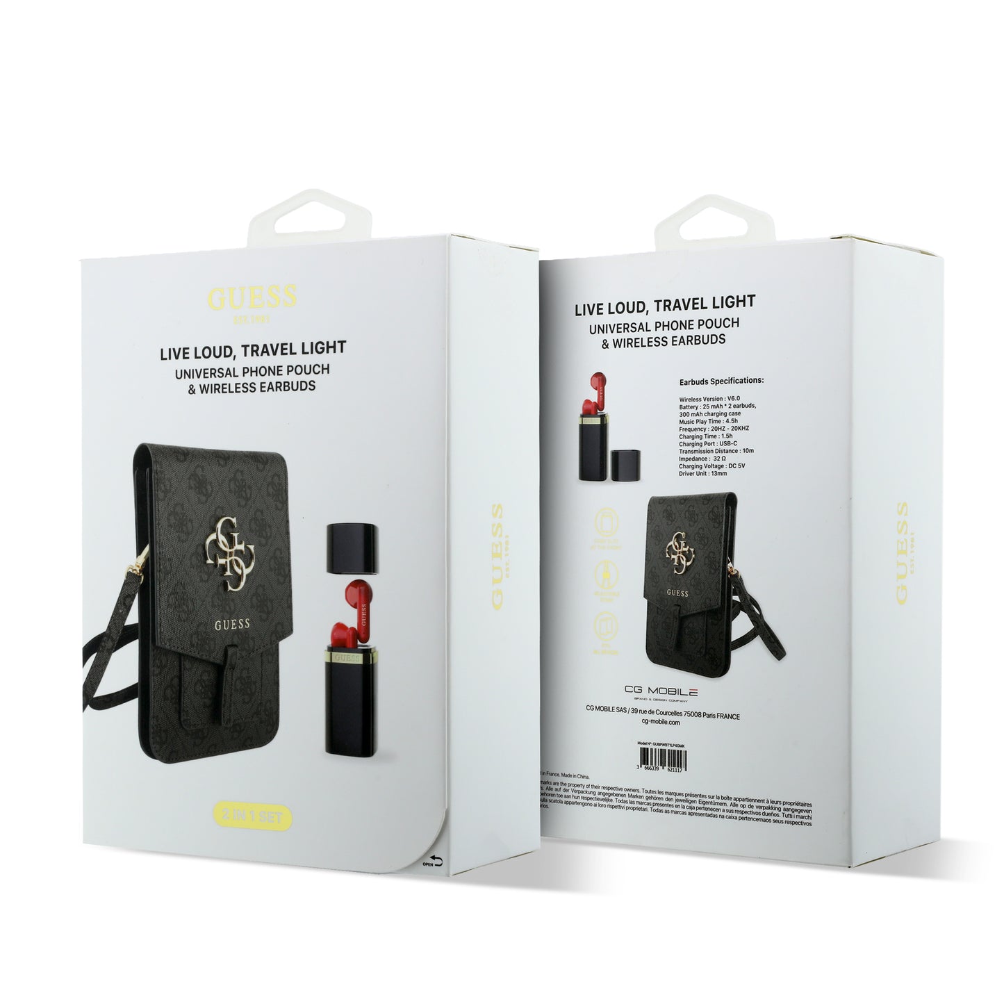 Set de Lujo Guess: Cartera Monograma 4G + Audífonos Inalámbricos Lipstick Negros | Kit de Regalo Original