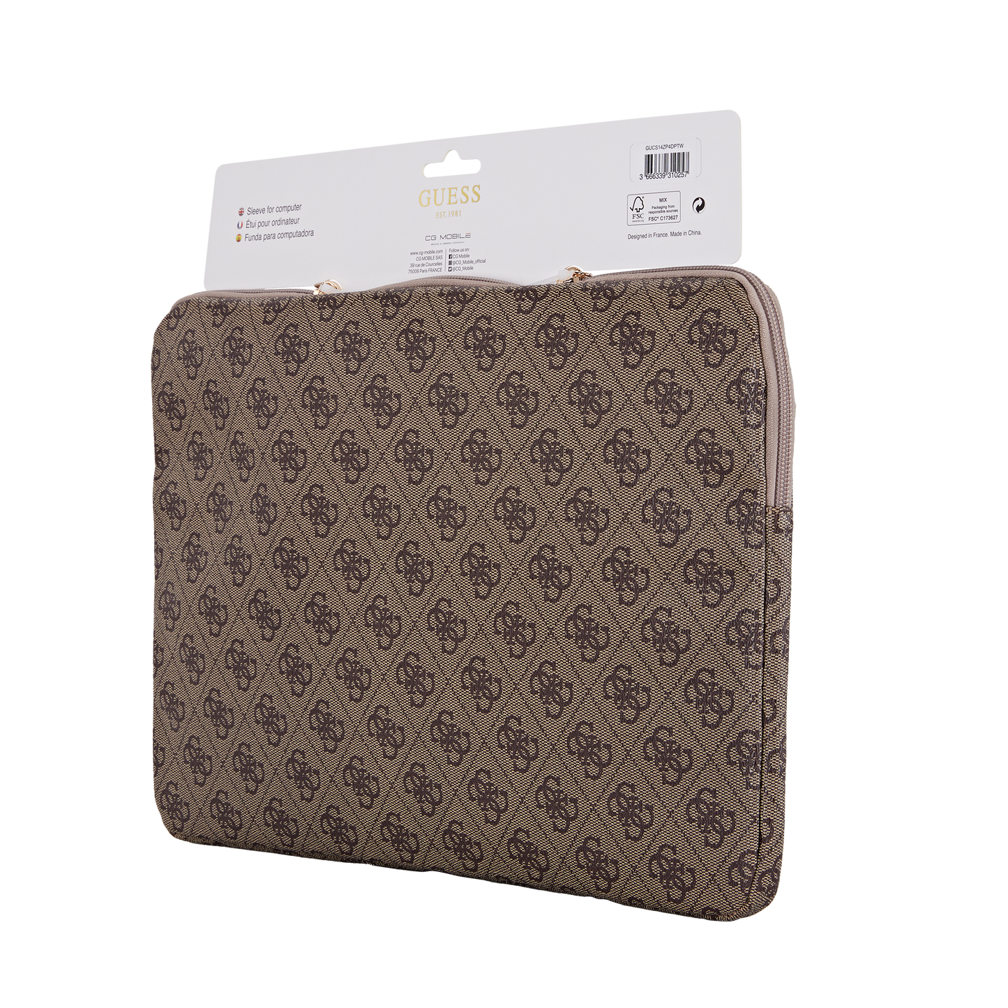 Funda Guess 4G Triángulo Café para Laptop 14" – Estilo y Protección con Elegancia