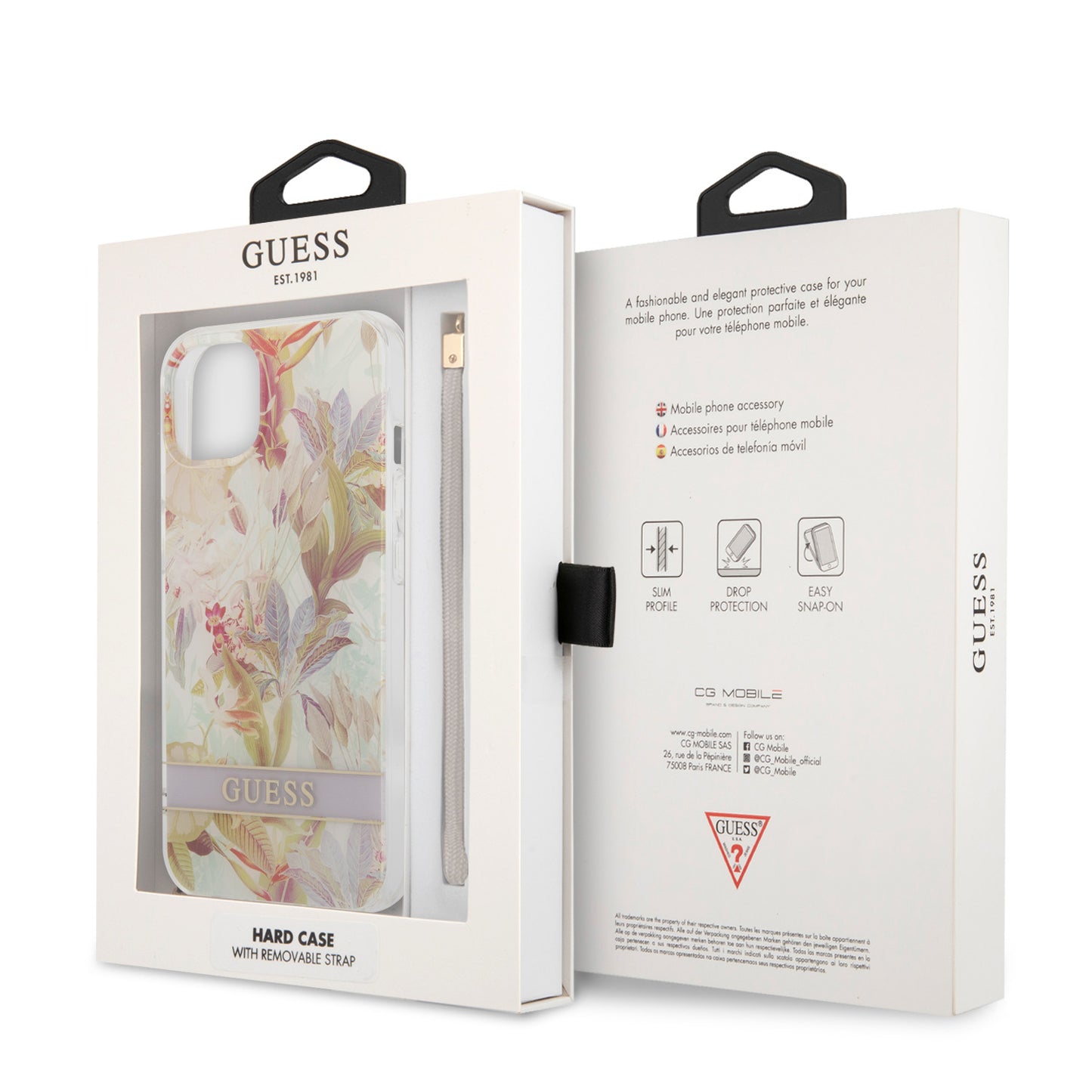 Case Guess Flores con Brillos para iPhone 14 Plus – Funda Lila Original