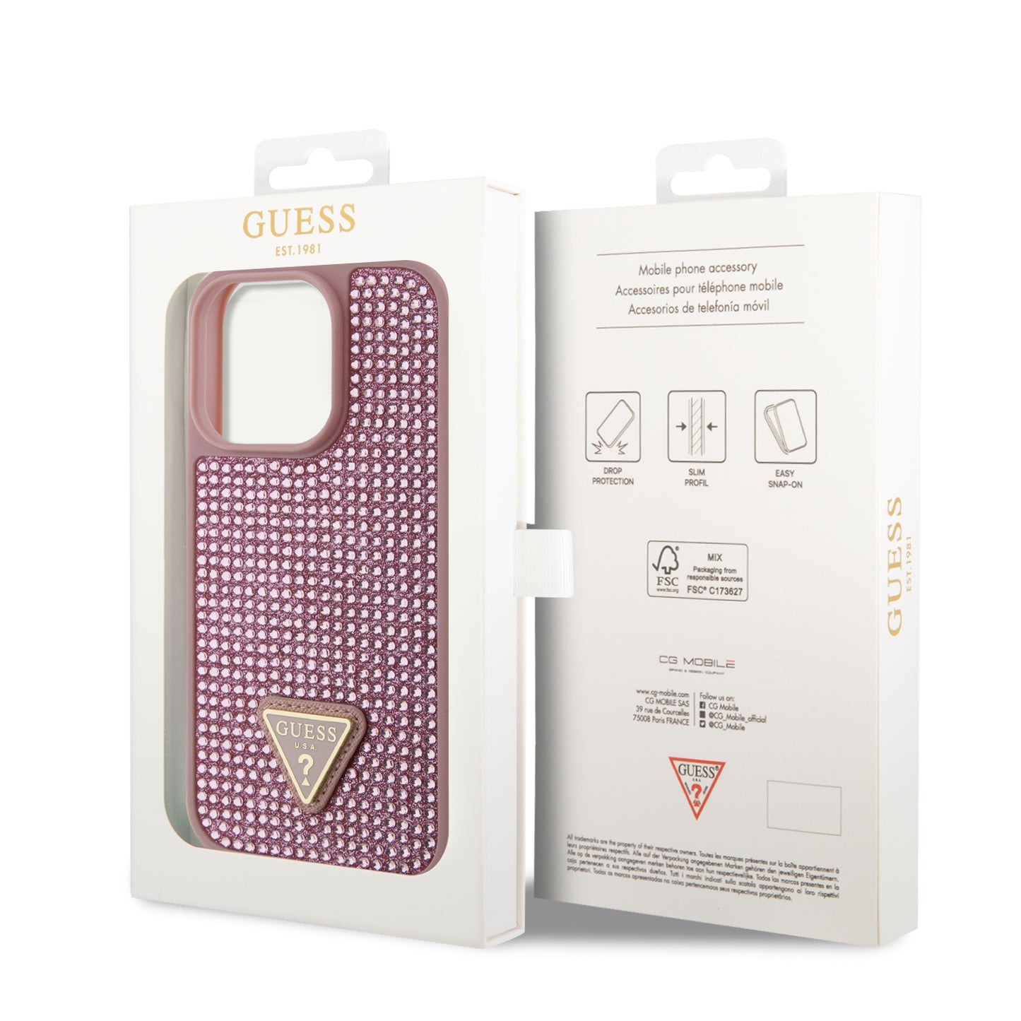Case Guess Pedrería Logo Triángulo para iPhone 15 Pro - Rosa Glamour y Elegancia
