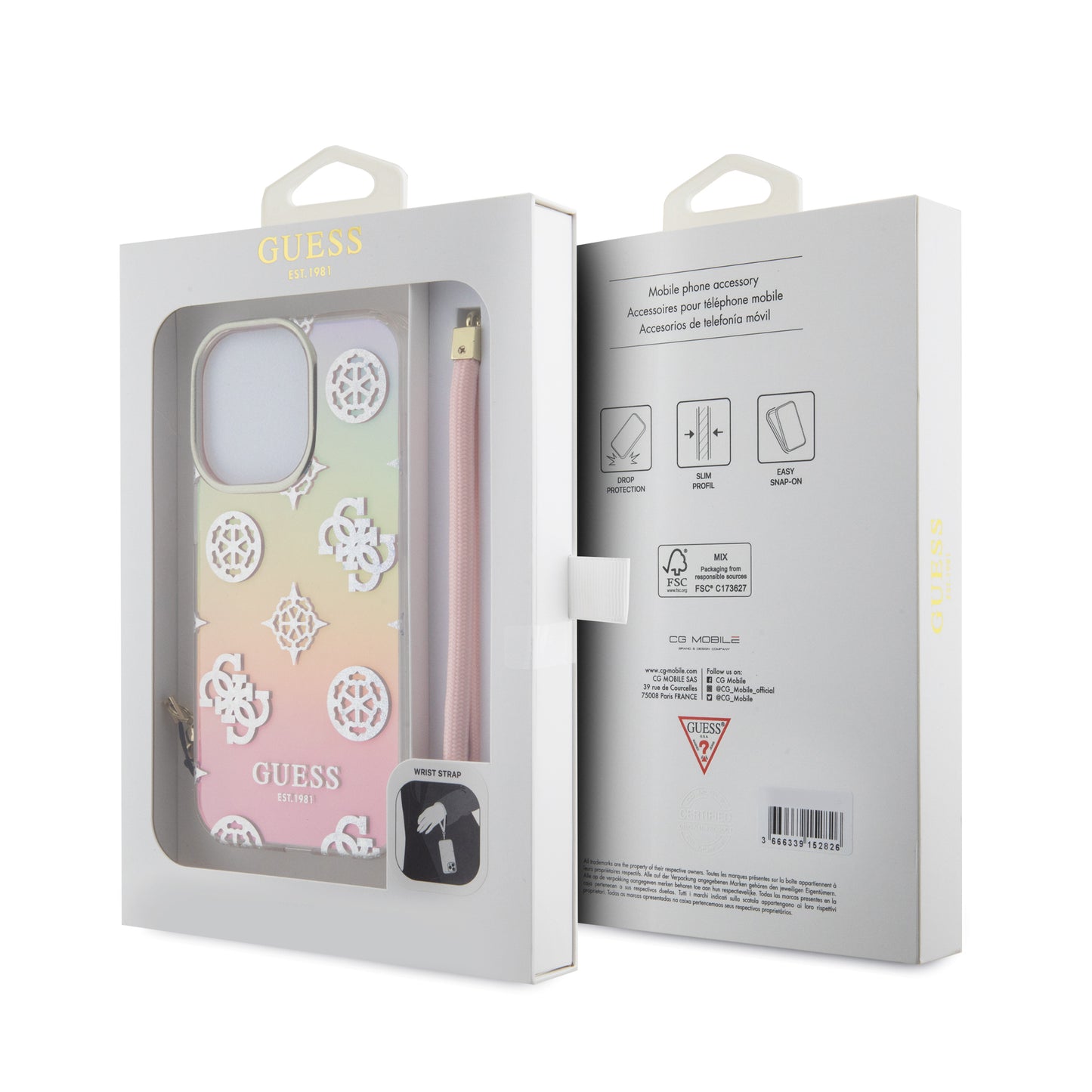 Case Guess Peony Tornasol con Correa para iPhone 15 Pro | Estilo Iridiscente y Práctico