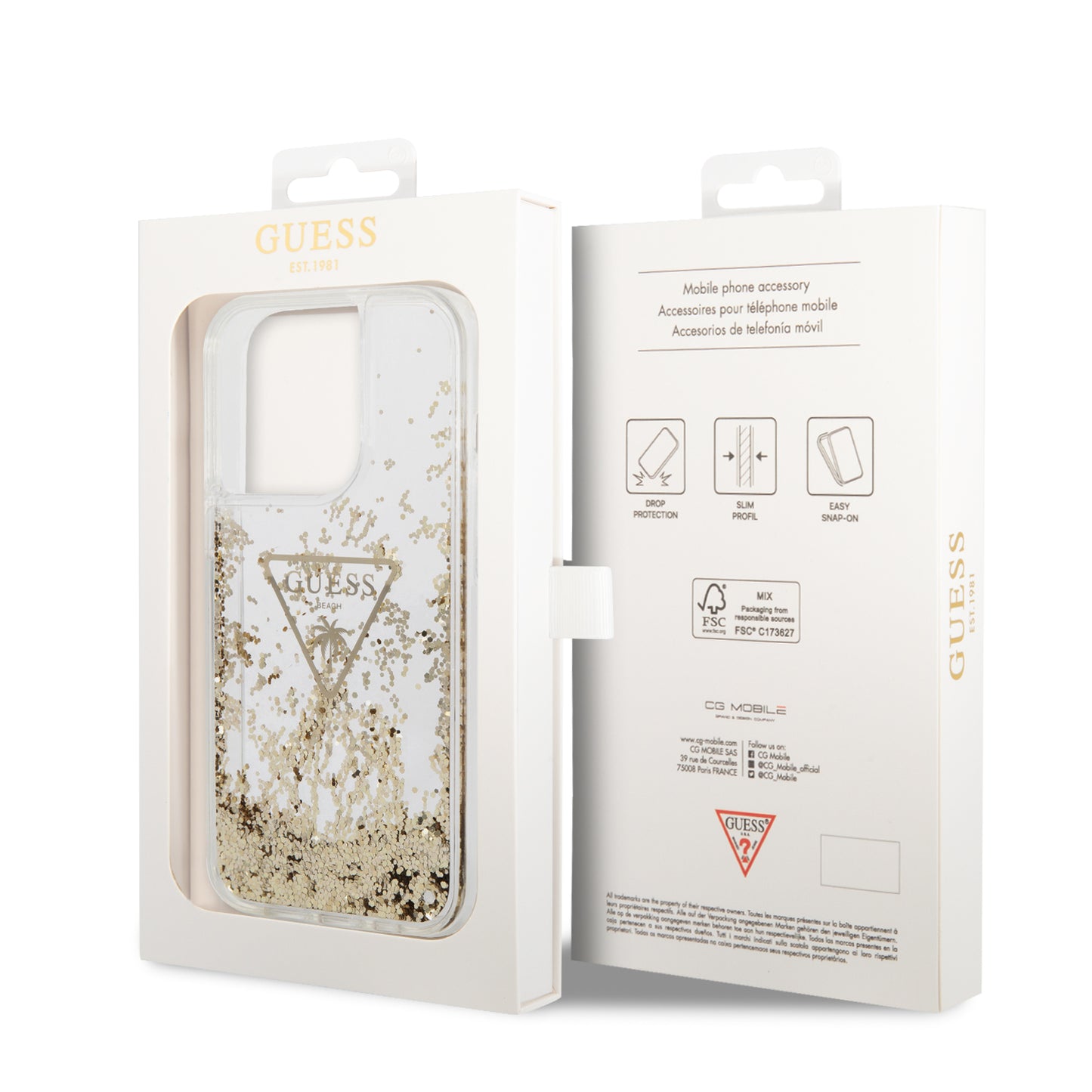Case Guess Brillantina Dorada Triángulo para iPhone 15 Pro | Elegancia y Protección Premium