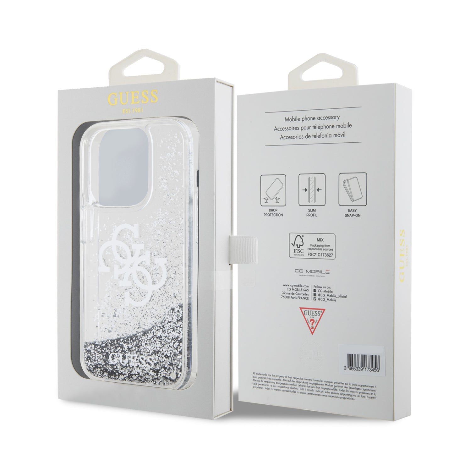 Case Guess TPU Brillantina Plata 4G para iPhone 15 Pro | Protección con Estilo