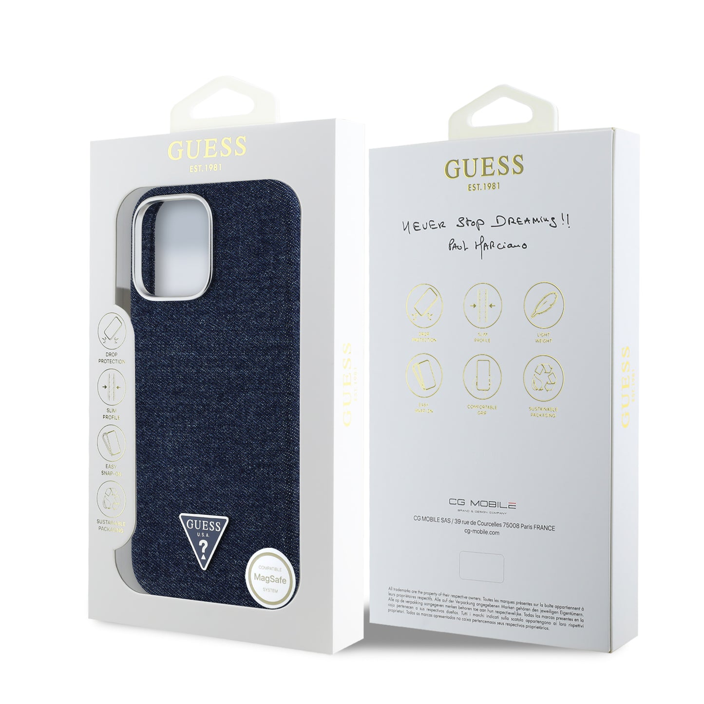Case Guess Mezclilla Triángulo Azul para iPhone 16 Pro | Estilo Denim & Protección