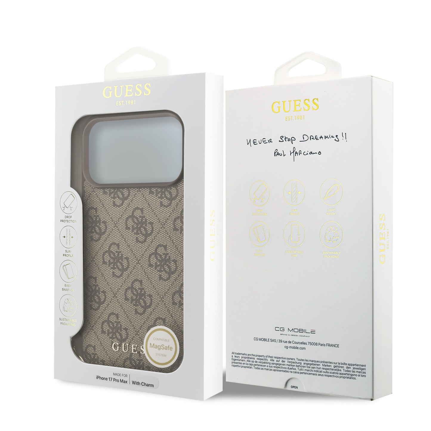 Funda Guess Charm Edition 4G PU Leather Café con Dije Metálico para iPhone 17 Pro – Original y de Lujo