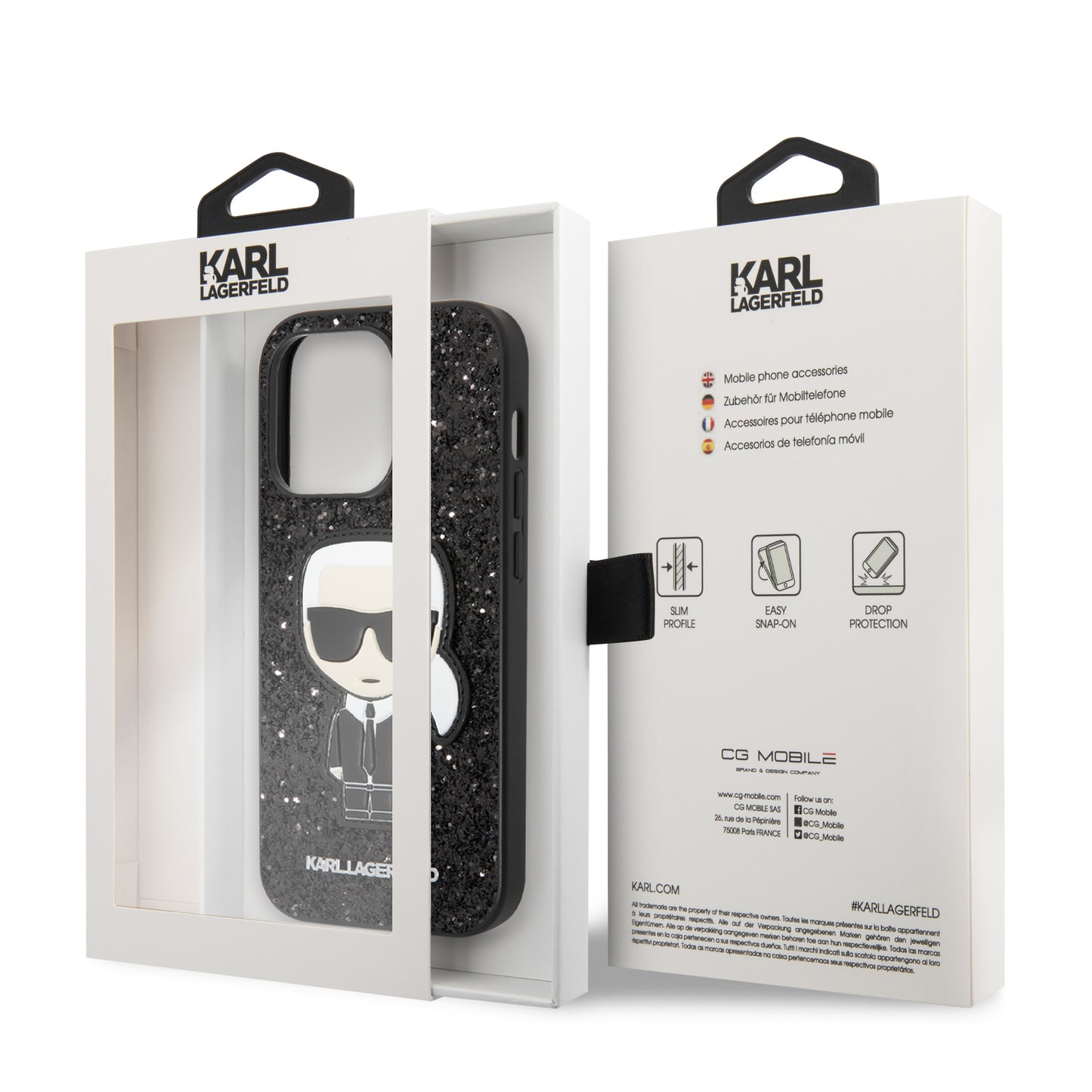 Funda Karl Lagerfeld Brillantina con Logo Metálico – iPhone 14 Pro Negra