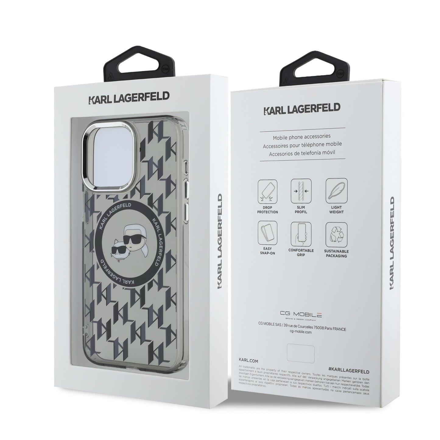 Case Karl Monograma Cabeza K&C para iPhone 15 Pro - Negro Elegante y Moderno