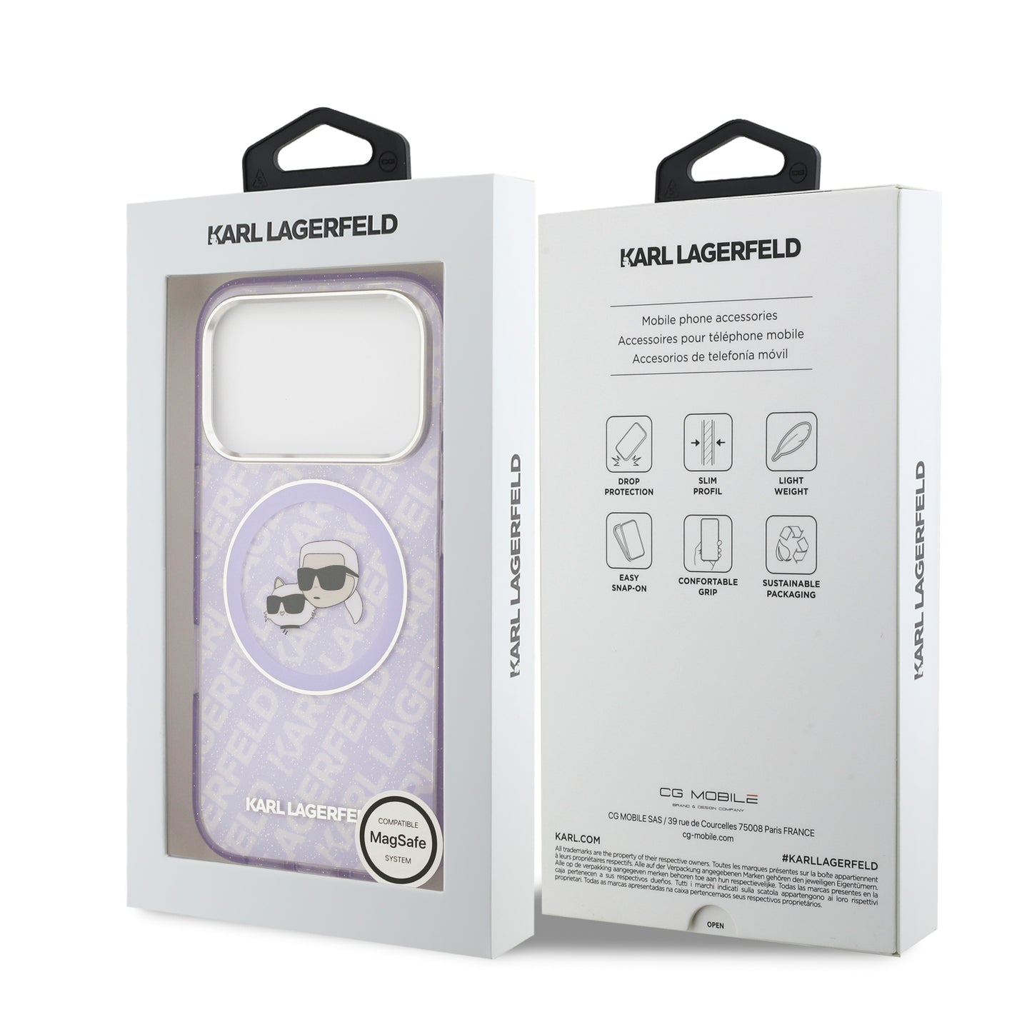 Funda Karl Lagerfeld MagSafe con Glitter y Logos de Karl & Choupette para iPhone 17 Pro Max - Morado | Case Original