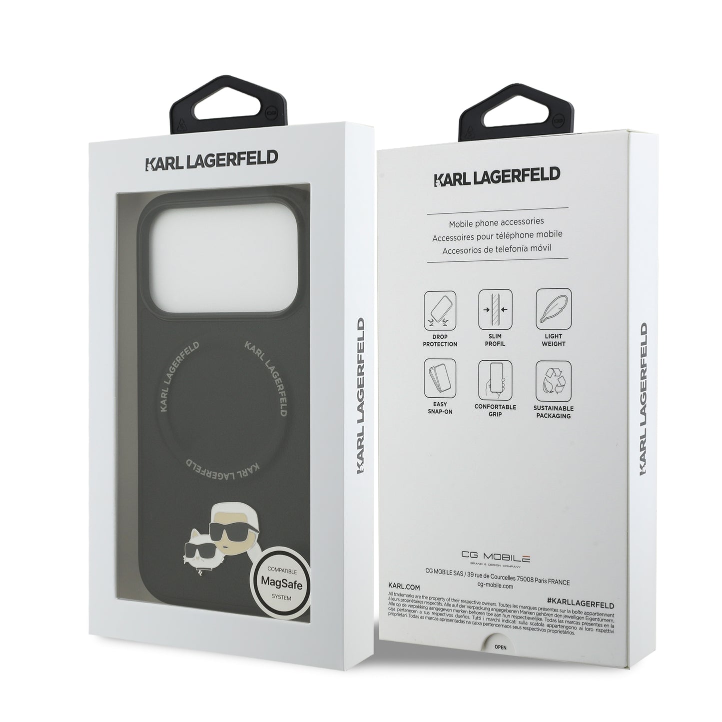 Funda Karl Lagerfeld MagSafe con Pins de Karl & Choupette para iPhone 17 Pro - Negro | Case Original de Lujo