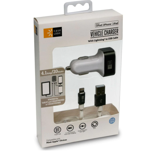 Cargador Lightning Case Logic P/Auto Gris 3 Puertos