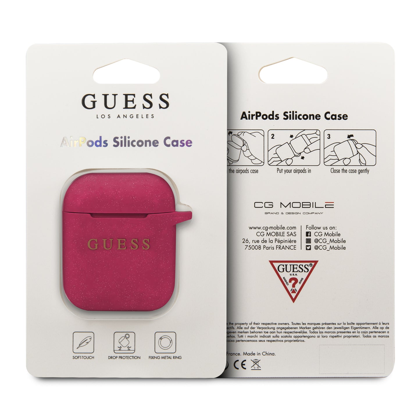 Case/Funda Guess de Silicon Color Fuscia con Anillo Dorado AirPods