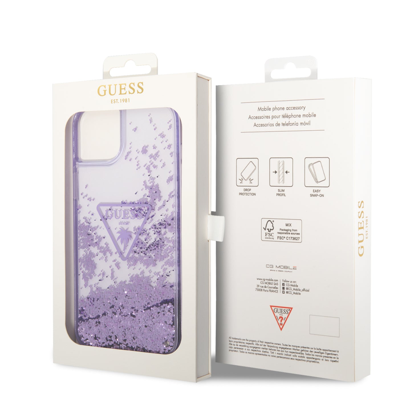 Case/Funda Guess de Brillos LĂquidos Color Morado para iPhone 14 Plus