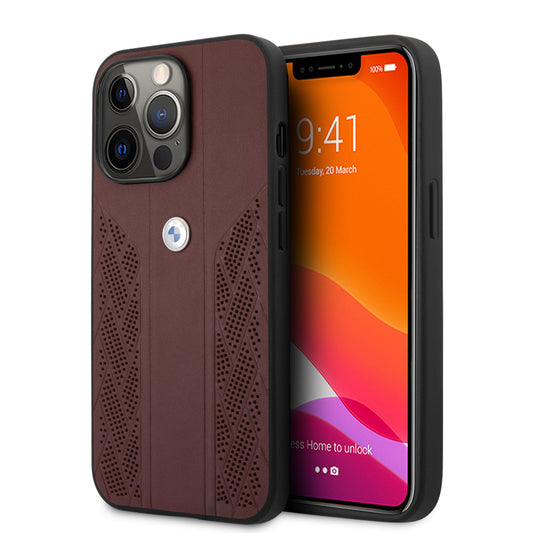 Case BMW de Cuero Perforado para iPhone 13 Pro Max - Roja | Estilo Deportivo y Elegancia Automotriz