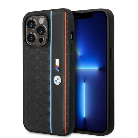 Case BMW con Patrón Texturizado y Línea para iPhone 14 Pro - Negra | Diseño Premium y Protección