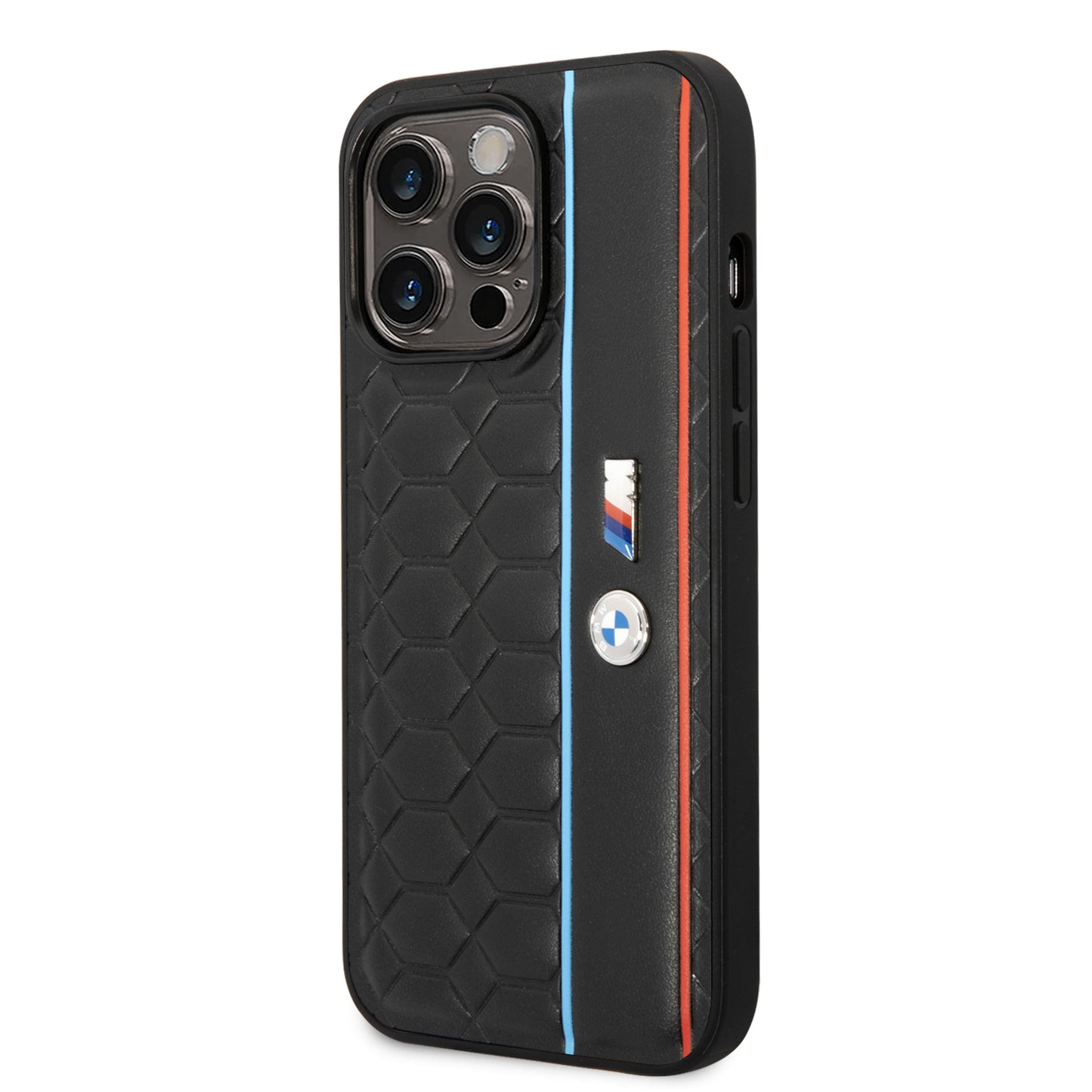 Case BMW con Patrón Texturizado y Línea para iPhone 14 Pro - Negra | Diseño Premium y Protección