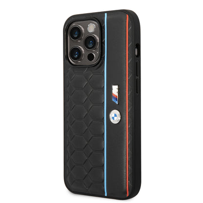 Case BMW con Patrón Texturizado y Línea para iPhone 14 Pro - Negra | Diseño Premium y Protección