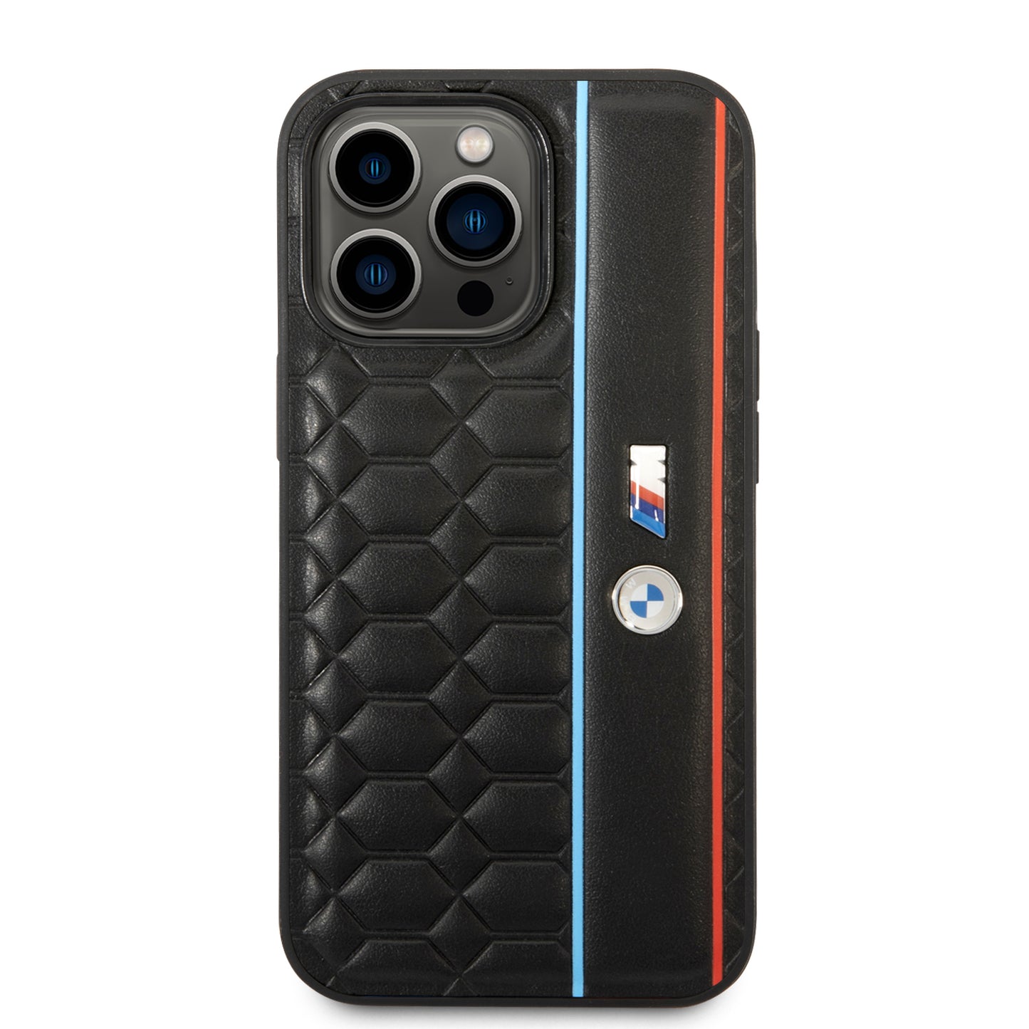 Case BMW con Patrón Texturizado y Línea para iPhone 14 Pro - Negra | Diseño Premium y Protección