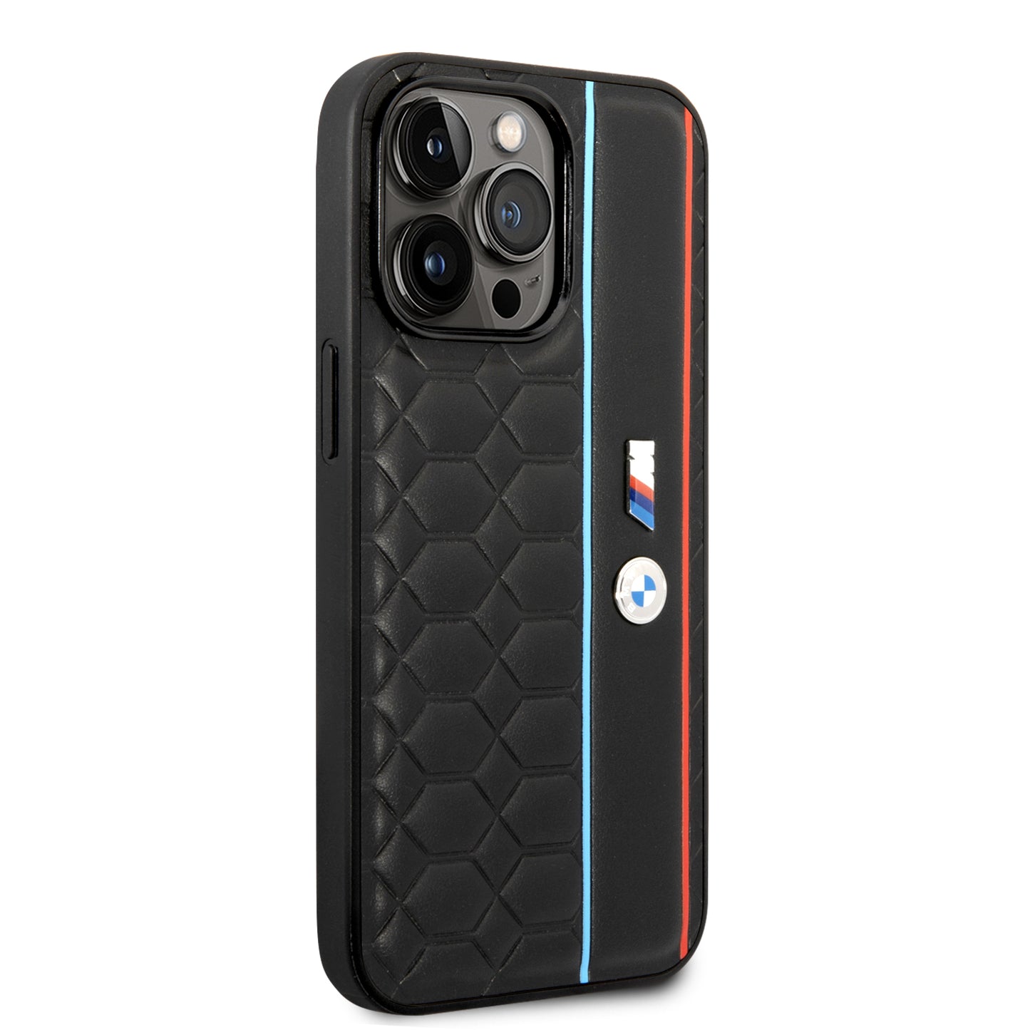 Case BMW con Patrón Texturizado y Línea para iPhone 14 Pro - Negra | Diseño Premium y Protección