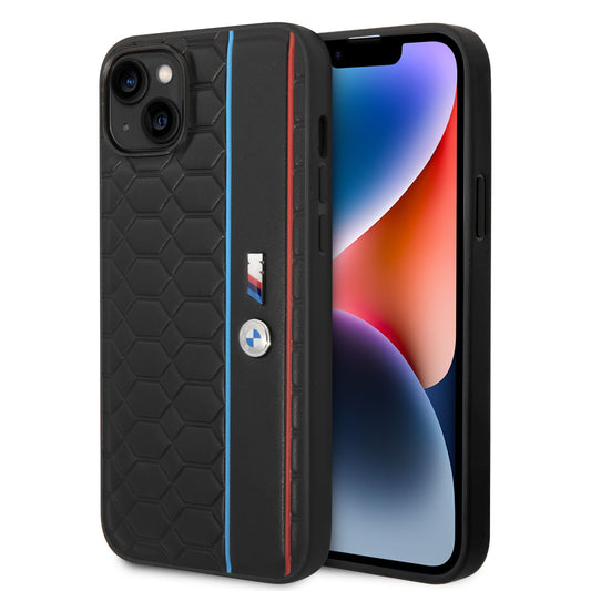 Case BMW con Patrón Texturizado y Línea para iPhone 14 Plus - Negra | Estilo y Protección Premium