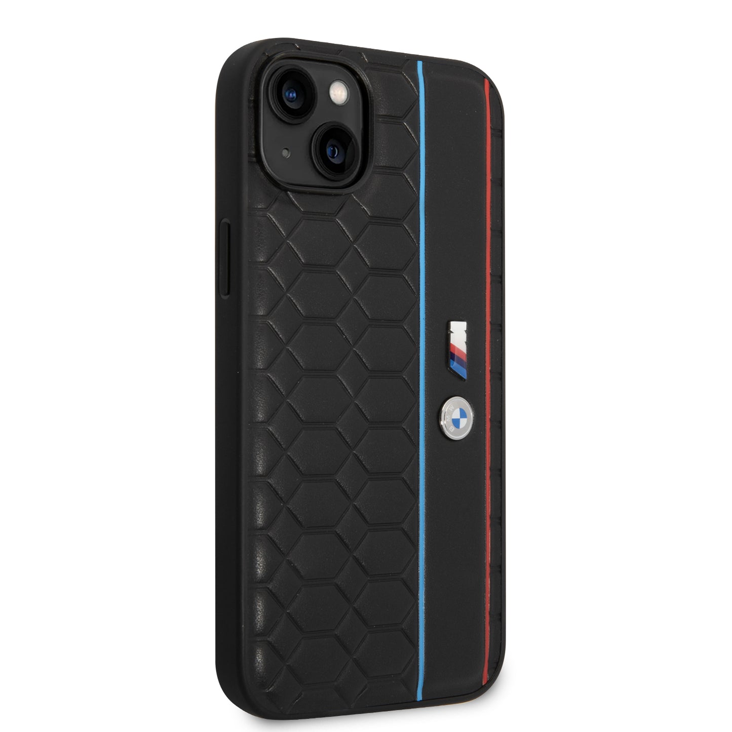 Case BMW con Patrón Texturizado y Línea para iPhone 14 Plus - Negra | Estilo y Protección Premium