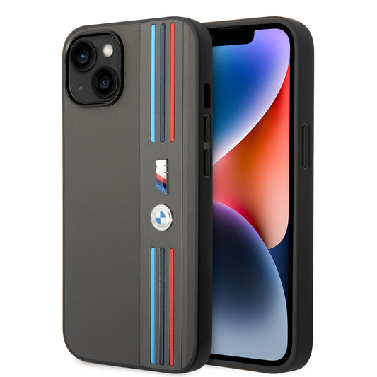 Funda BMW M Sport de Piel PU con Líneas Tricolor para iPhone 14 Plus - Gris | Case Original