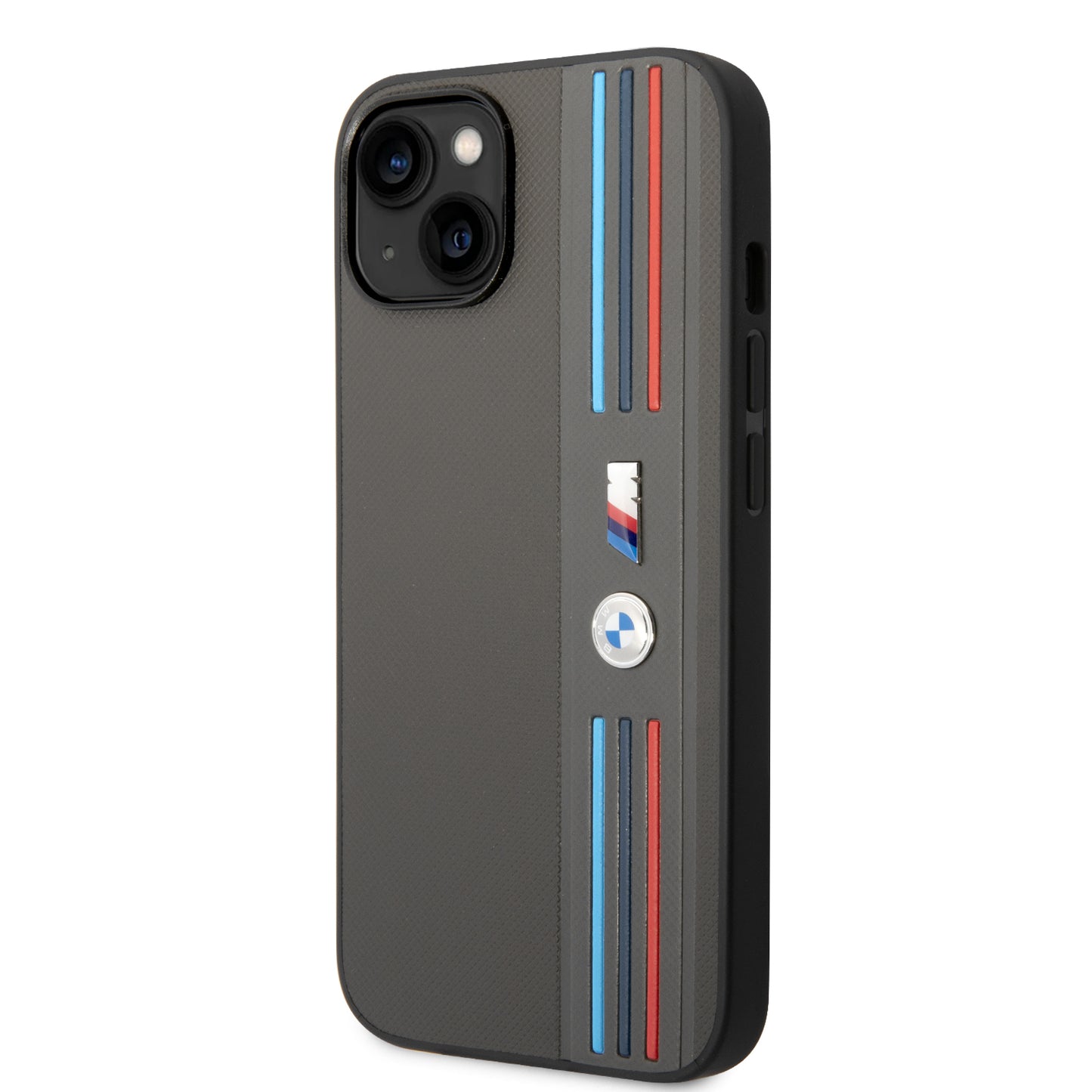 Funda BMW M Sport de Piel PU con Líneas Tricolor para iPhone 14 Plus - Gris | Case Original