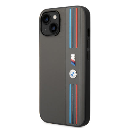 Funda BMW M Sport de Piel PU con Líneas Tricolor para iPhone 14 Plus - Gris | Case Original