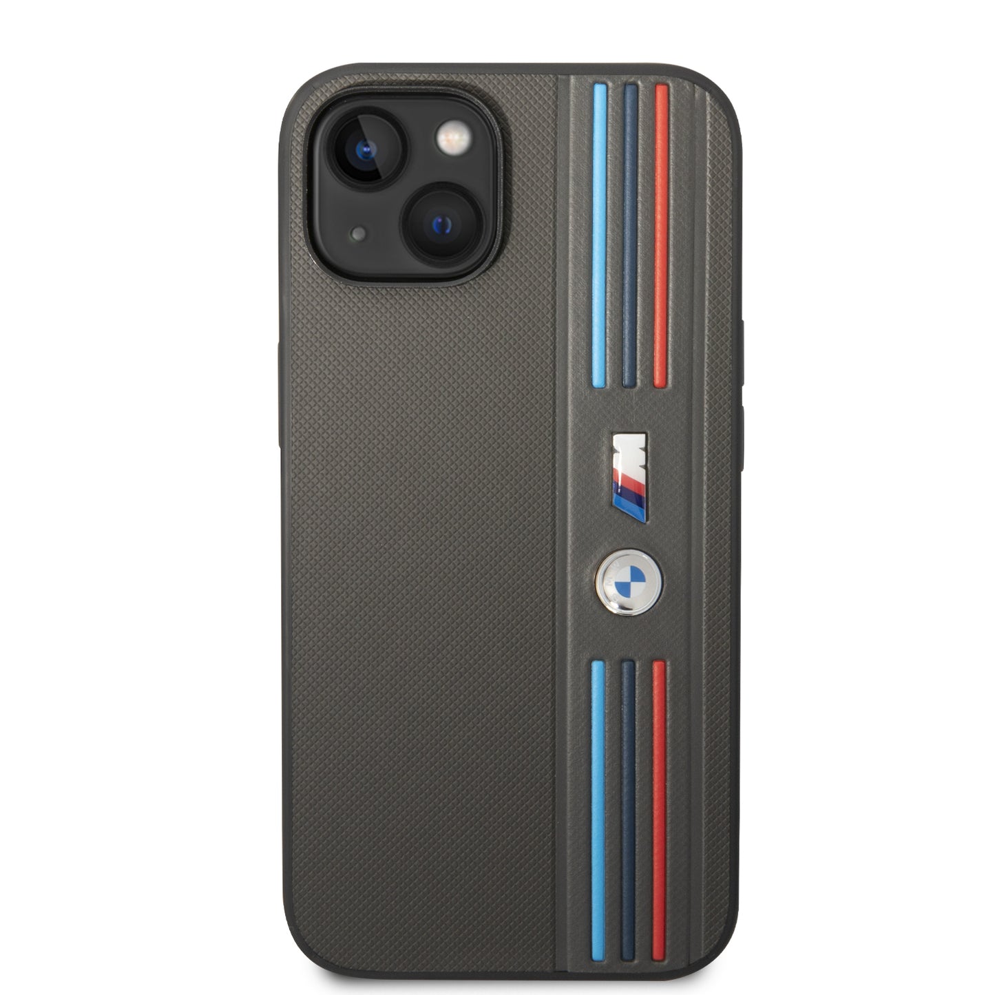 Funda BMW M Sport de Piel PU con Líneas Tricolor para iPhone 14 Plus - Gris | Case Original