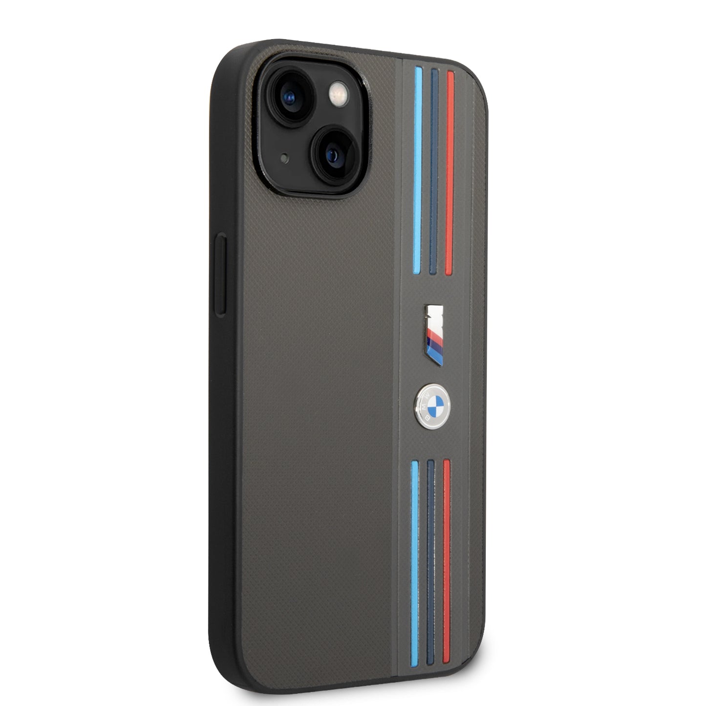 Funda BMW M Sport de Piel PU con Líneas Tricolor para iPhone 14 Plus - Gris | Case Original