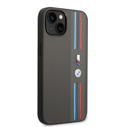 Funda BMW M Sport de Piel PU con Líneas Tricolor para iPhone 14 Plus - Gris | Case Original