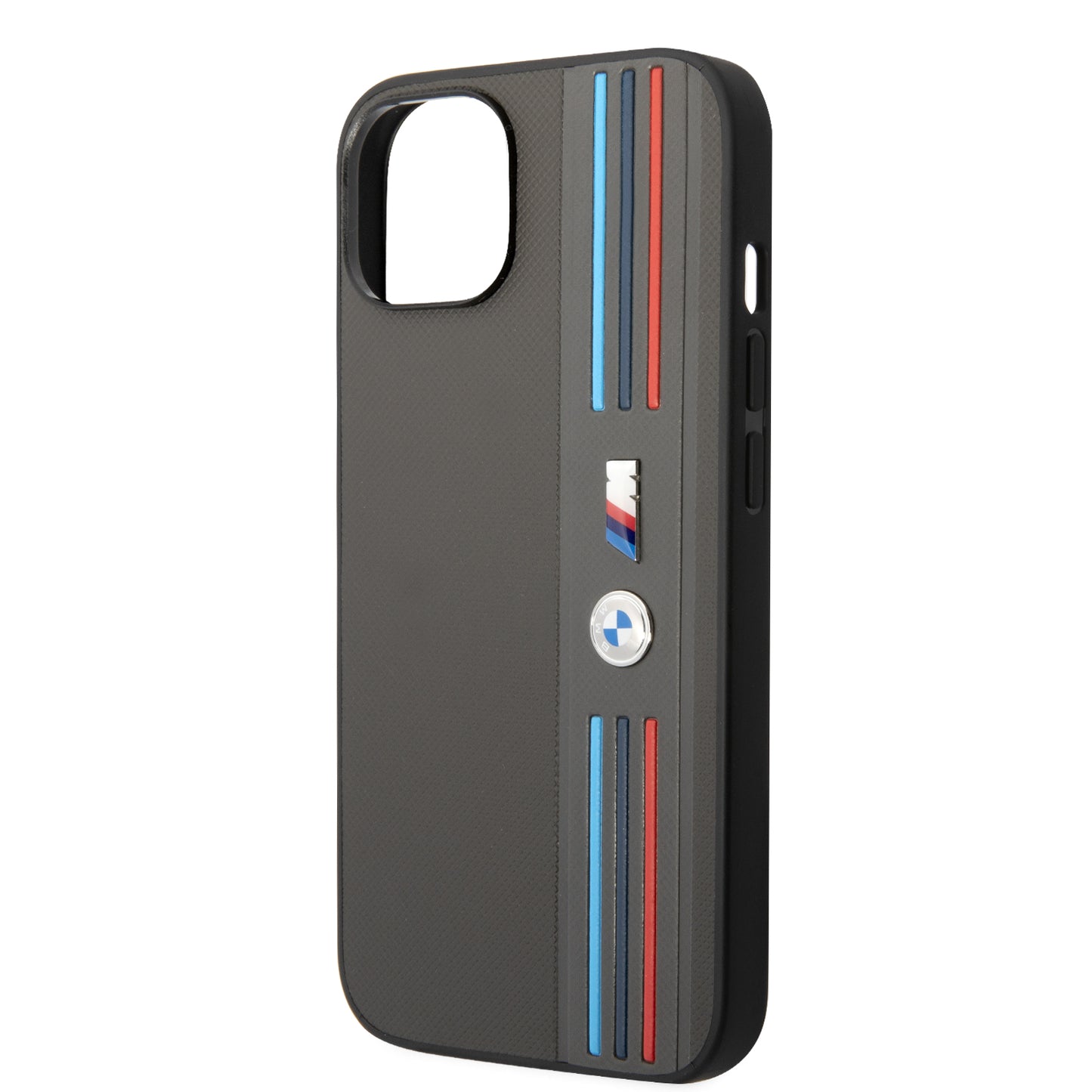 Funda BMW M Sport de Piel PU con Líneas Tricolor para iPhone 14 Plus - Gris | Case Original