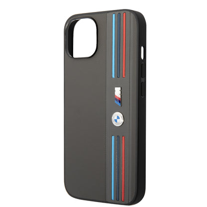 Funda BMW M Sport de Piel PU con Líneas Tricolor para iPhone 14 Plus - Gris | Case Original