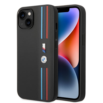 Funda BMW M Sport de Piel PU con Líneas Tricolor para iPhone 14 Plus - Negro | Case Original