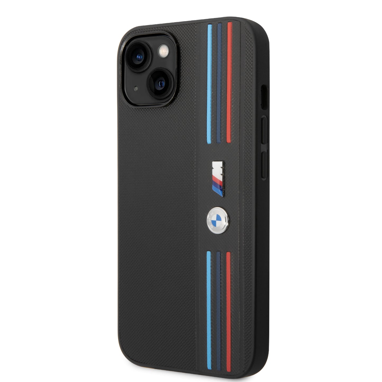 Funda BMW M Sport de Piel PU con Líneas Tricolor para iPhone 14 Plus - Negro | Case Original