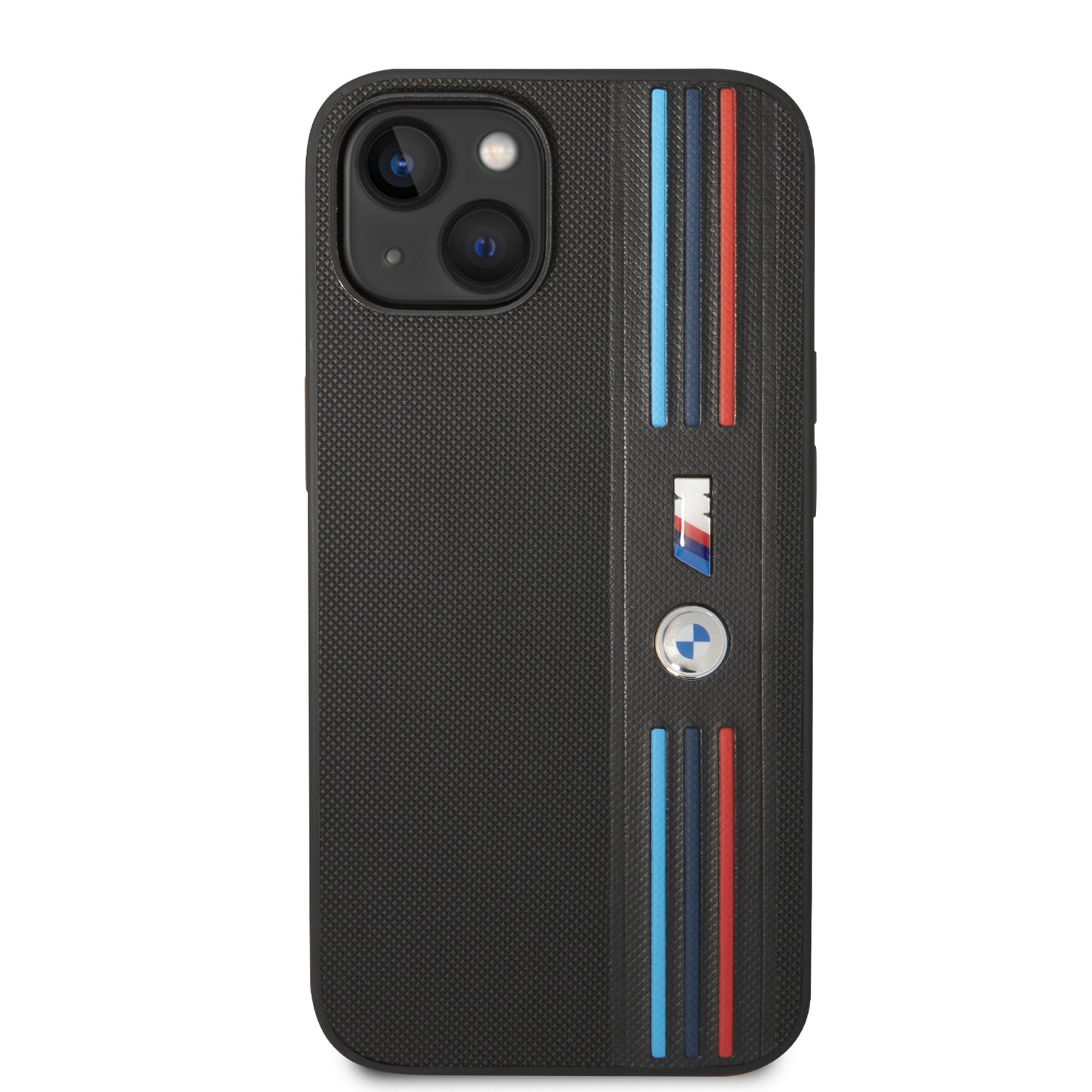 Funda BMW M Sport de Piel PU con Líneas Tricolor para iPhone 14 Plus - Negro | Case Original