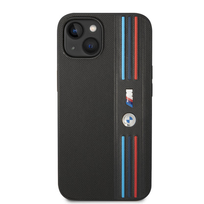 Funda BMW M Sport de Piel PU con Líneas Tricolor para iPhone 14 Plus - Negro | Case Original