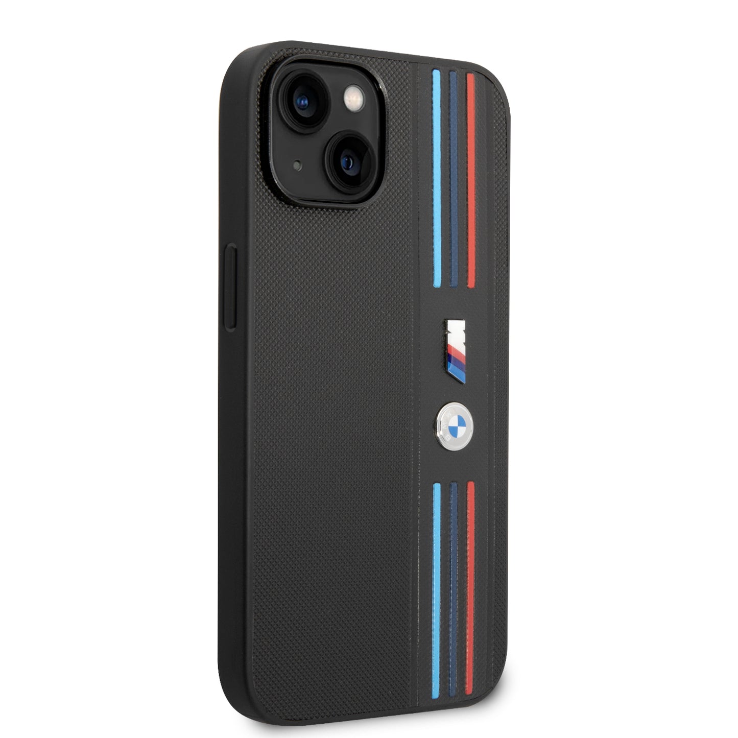 Funda BMW M Sport de Piel PU con Líneas Tricolor para iPhone 14 Plus - Negro | Case Original