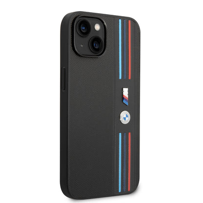 Funda BMW M Sport de Piel PU con Líneas Tricolor para iPhone 14 Plus - Negro | Case Original