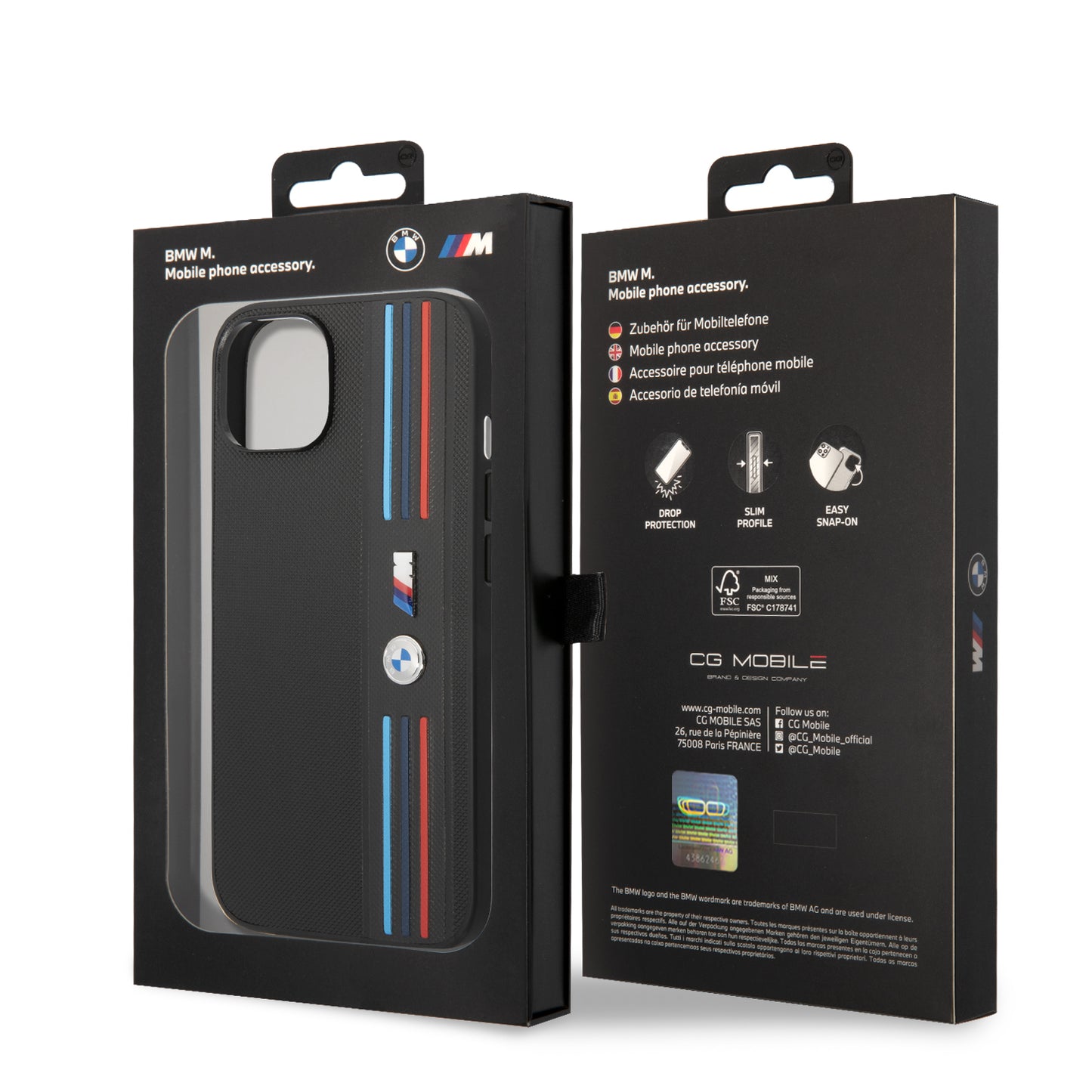 Funda BMW M Sport de Piel PU con Líneas Tricolor para iPhone 14 Plus - Negro | Case Original