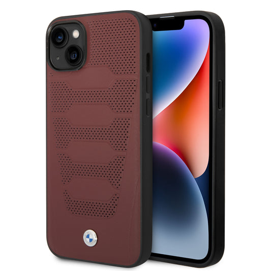 Funda BMW de Piel Genuina Grabada para iPhone 14 Plus - Rojo | Case Original